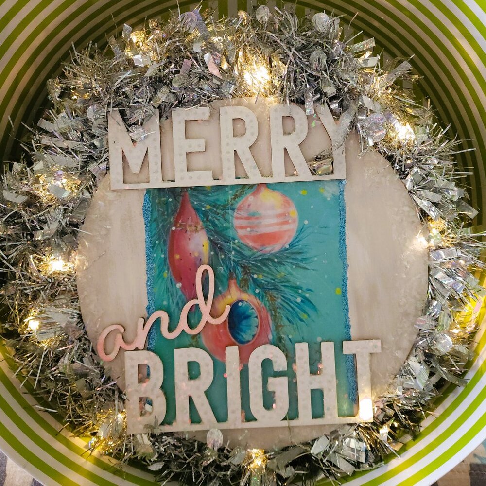 Nostalgic Pastel Retro Wreath with Tinsel trim and dewdrop fairy string lights
